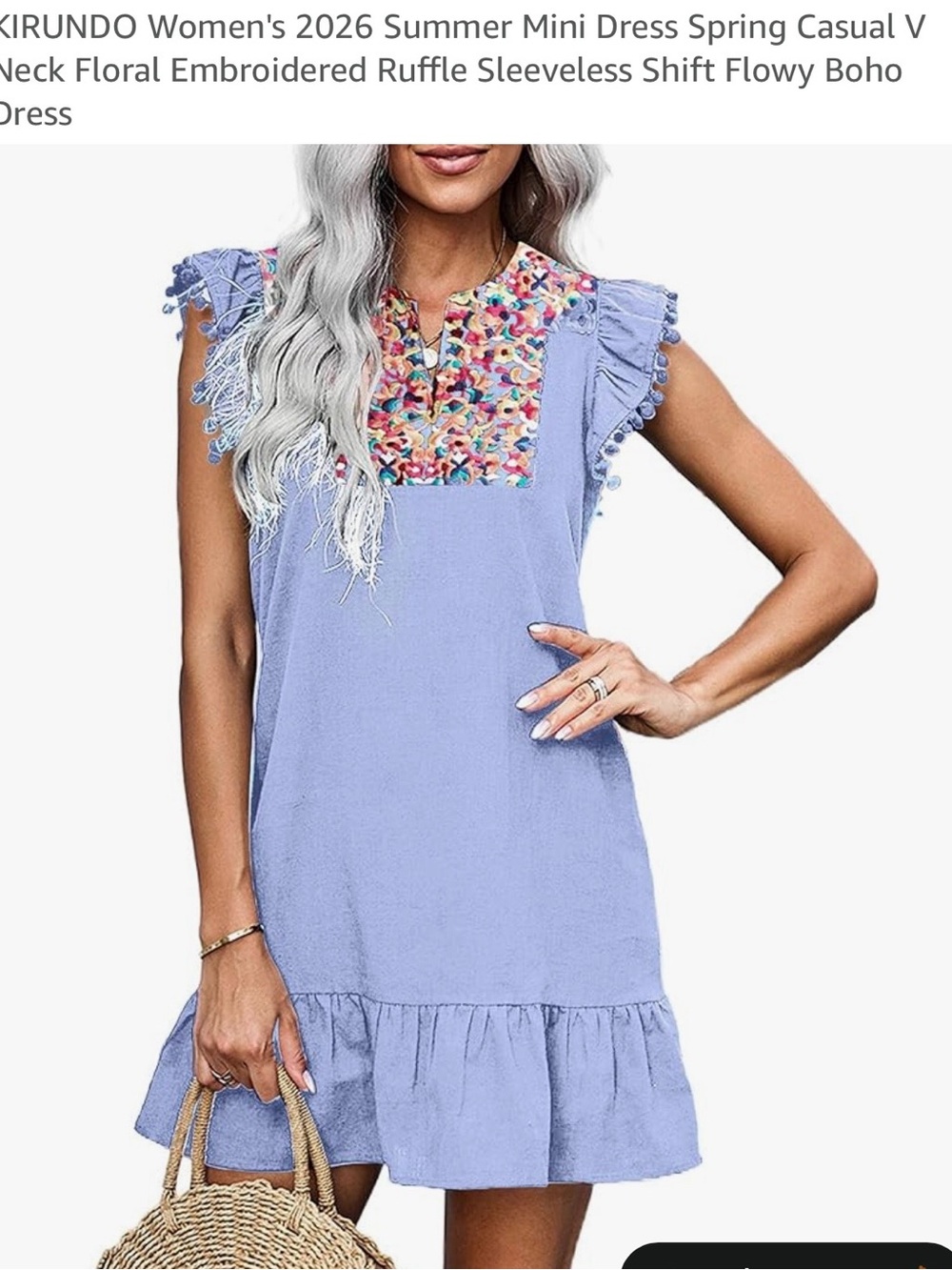 Light Blue Embroidered Mini Dress - Multicolor Yoke